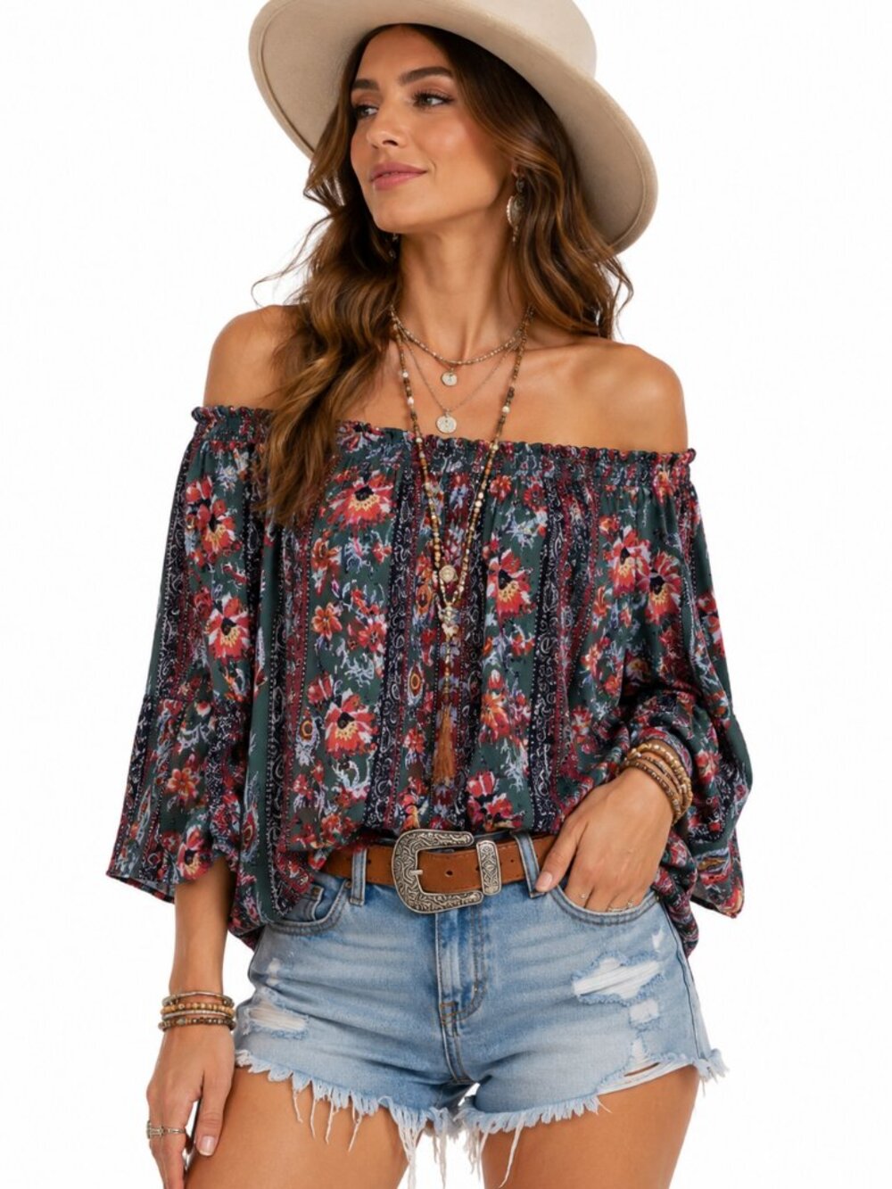 Bailey & Chloe Boho Floral Off Shoulder Peasant Top Large Festival Cottagecore